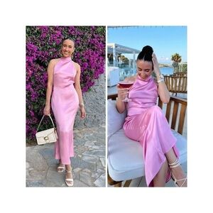 ZARA Light Pink High Neck Halter Backless Satin Midi Dress Medium Cocktail NEW
